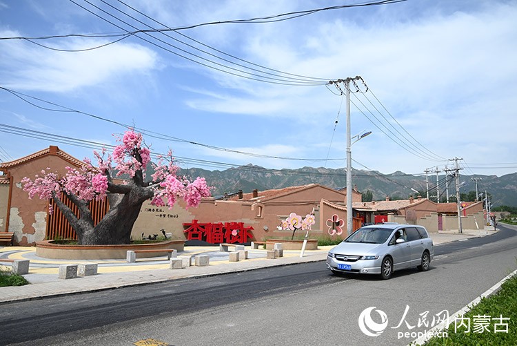 東烏素圖村口，柏油路通暢，“杏福樹(shù)下”標(biāo)識(shí)醒目。人民網(wǎng)記者 劉藝琳攝